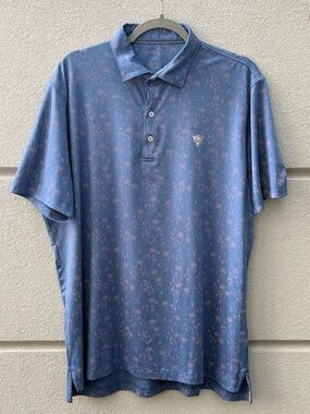 Johnnie-O Blue Palm Tree Print Golf Polo Shirt Mens L Performance